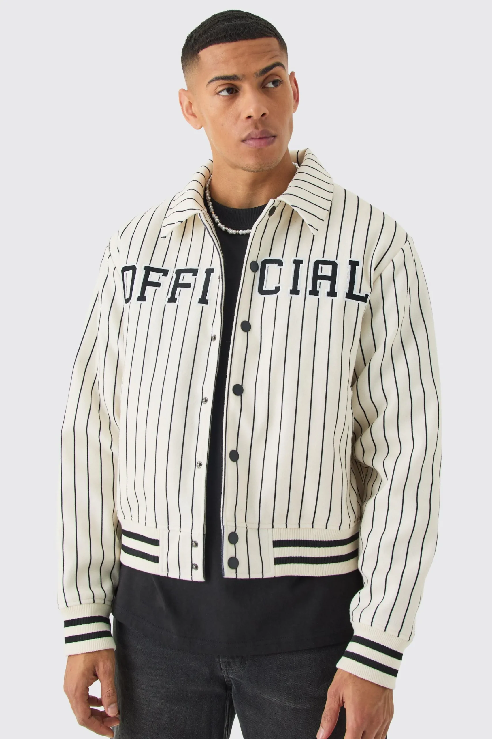 boohooMAN Official Pinstripe Varsity Bomber | UK| Coats & Jackets