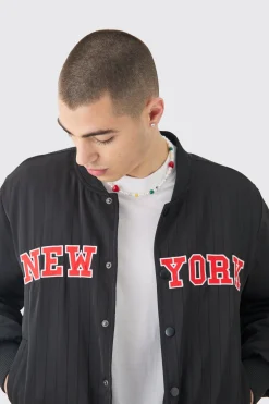 boohooMAN Official Satin Pinstripe Varsity Bomber | UK| Coats & Jackets