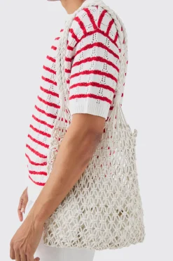 boohooMAN Open Knit Crochet Tote Bag In | UK| Bags & Wallets