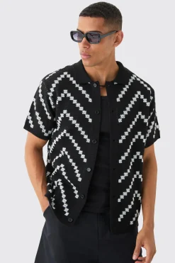 boohooMAN Open Knit Stripe Shirt In Black | UK| Shirts