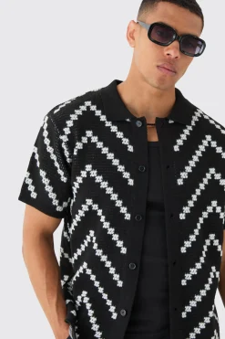 boohooMAN Open Knit Stripe Shirt In Black | UK| Shirts