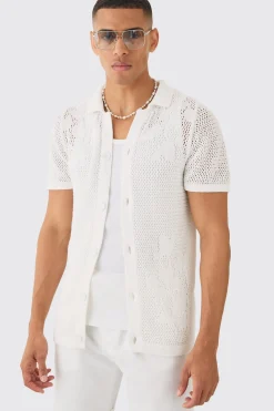 boohooMAN Open Stitch Tonal Floral Intarsia Short Sleeve Knit Shirt | UK| Shirts