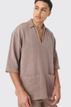 boohooMAN Open Weave Overhead V Neck Shirt | UK| Shirts