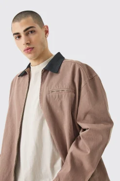 boohooMAN Overdyed Contrast Collar Denim Harrington | UK| Coats & Jackets