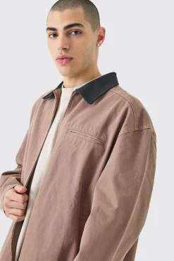 boohooMAN Overdyed Contrast Collar Denim Harrington | UK| Coats & Jackets