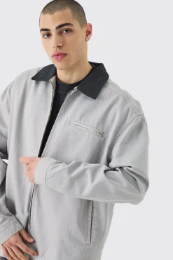 boohooMAN Overdyed Contrast Collar Denim Harrington | UK| Coats & Jackets