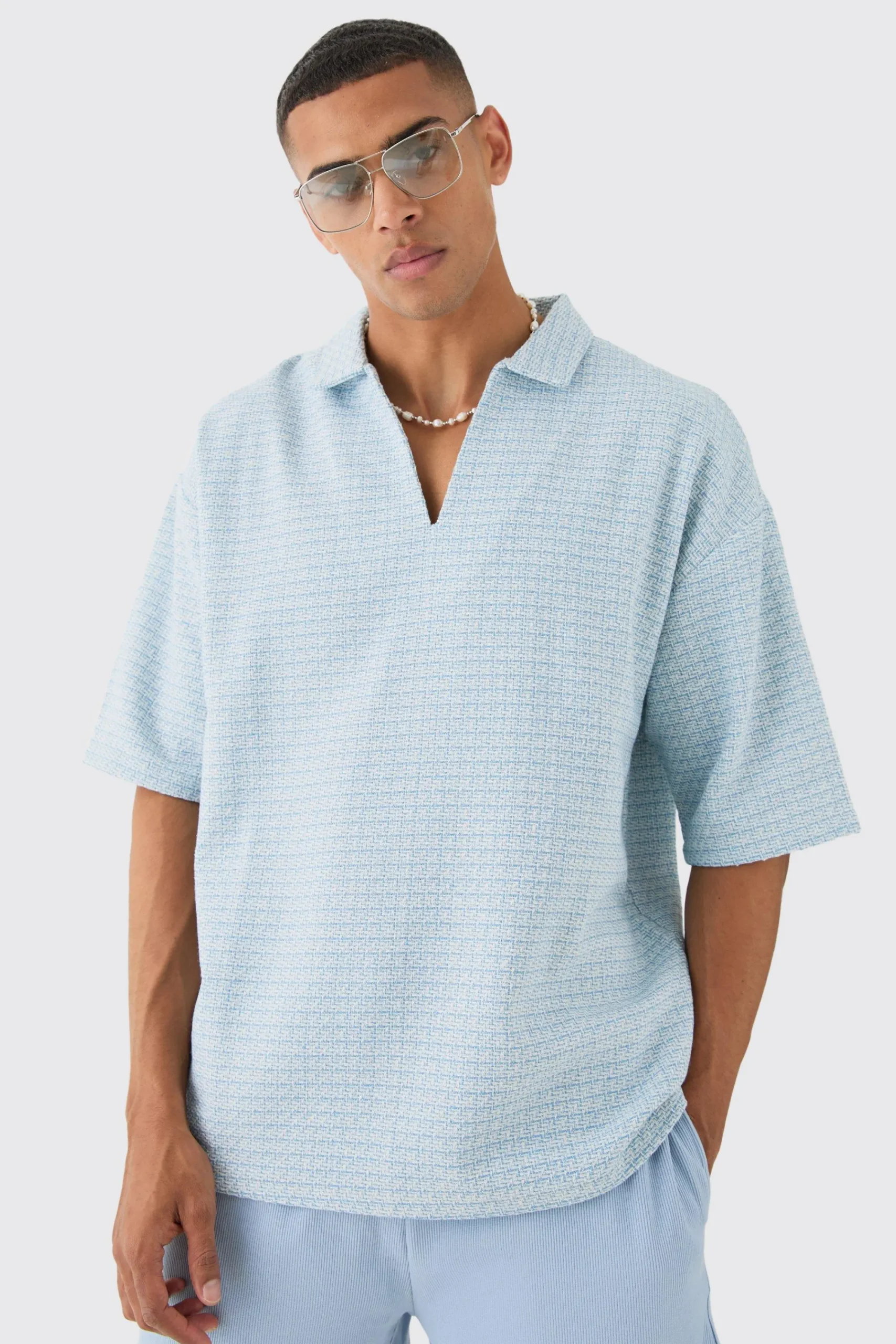 boohooMAN Overhead V Neck Geo Textured Shirt | UK| Shirts