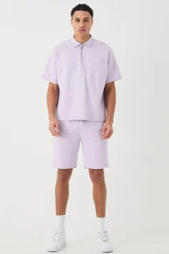 boohooMAN Oversized 1/4 Zip Embroidered Polo And Short Set | UK| Tracksuits