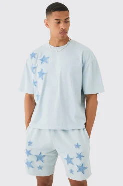 boohooMAN Oversized Acid Wash Denim Stars Applique T-shirt & Shorts Set | UK| Sets & Co-Ords|Tracksuits