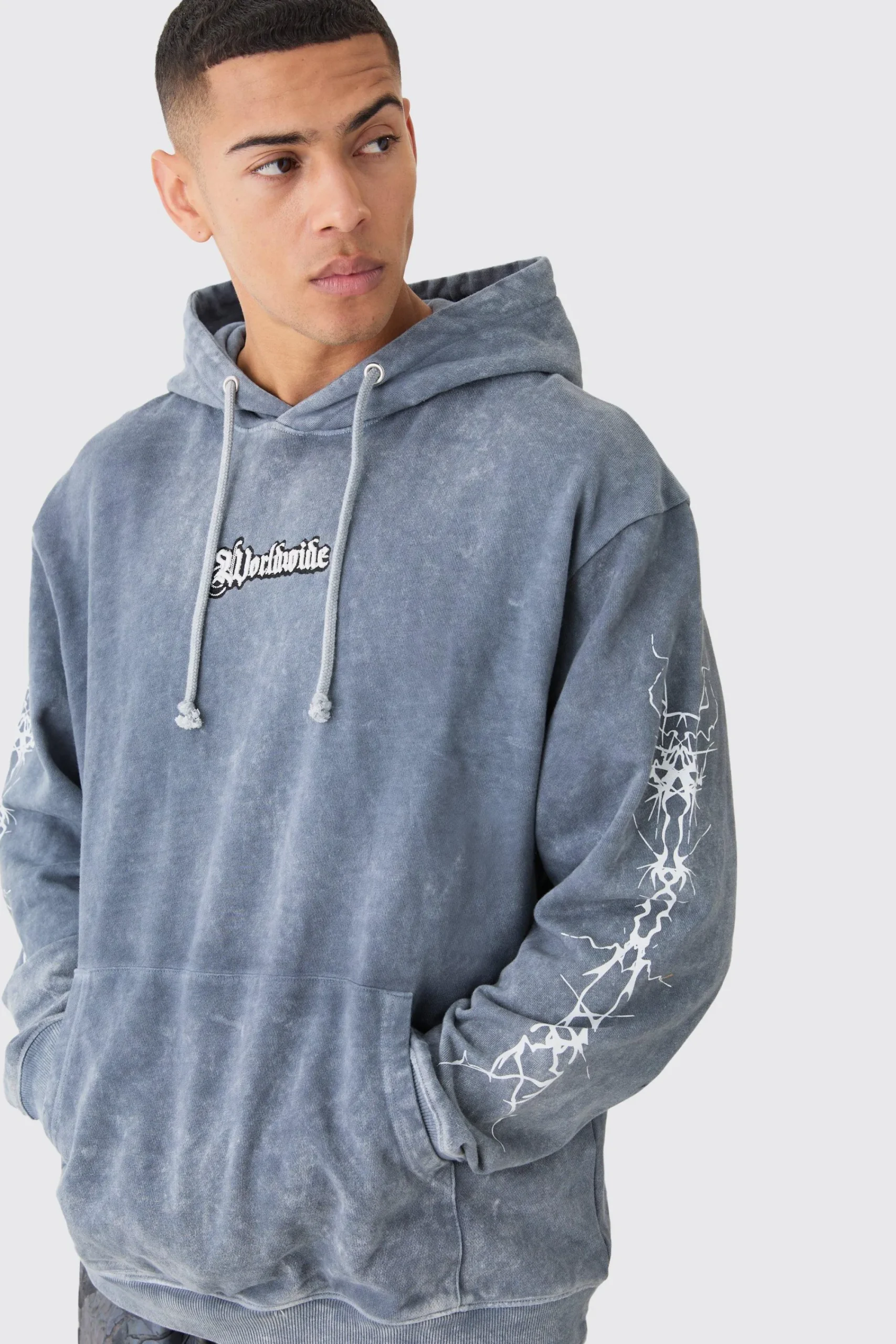 boohooMAN Oversized Acid Wash Embroidered Wing Graphic Hoodie | UK| Hoodies & Sweatshirts