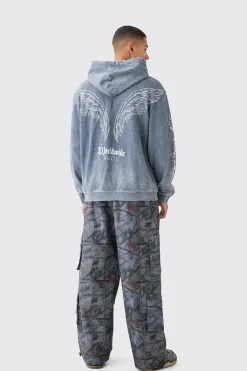 boohooMAN Oversized Acid Wash Embroidered Wing Graphic Hoodie | UK| Hoodies & Sweatshirts