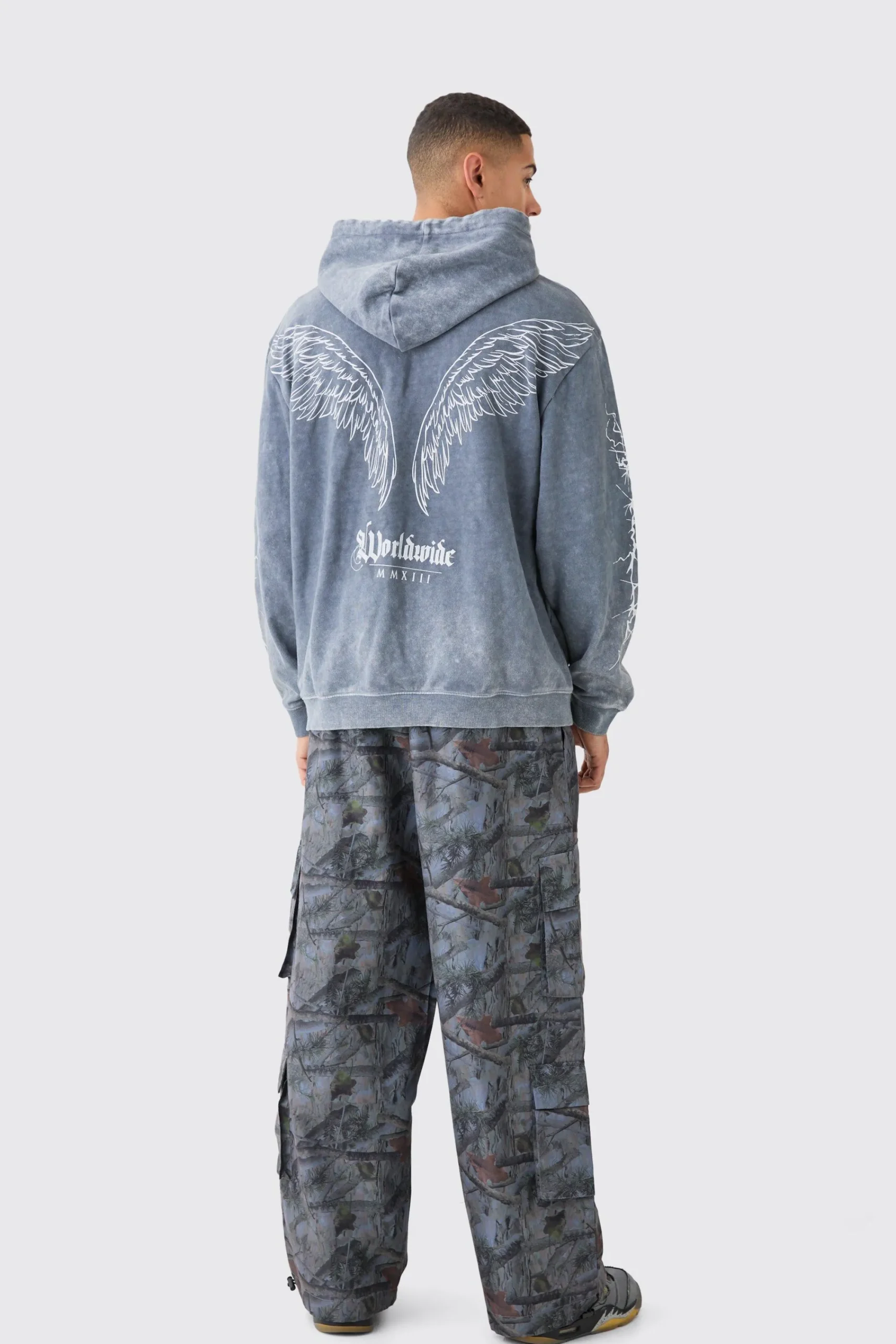 boohooMAN Oversized Acid Wash Embroidered Wing Graphic Hoodie | UK| Hoodies & Sweatshirts