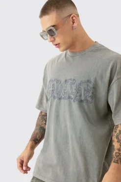 Oversized Acid Wash Man Embroidered Distressed T-shirt | UK^boohooMAN Online