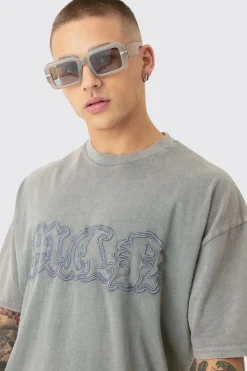 Oversized Acid Wash Man Embroidered Distressed T-shirt | UK^boohooMAN Online