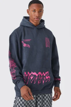 boohooMAN Oversized Acid Wash Multi Placement Hoodie | UK| Hoodies & Sweatshirts