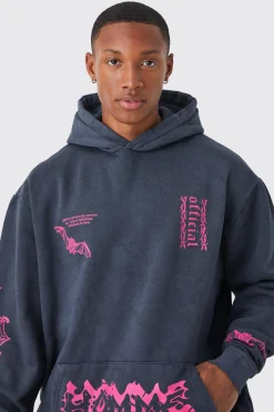 boohooMAN Oversized Acid Wash Multi Placement Hoodie | UK| Hoodies & Sweatshirts