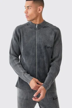 boohooMAN Oversized Acid Wash Ribbed Knitted Bomber | UK| Coats & Jackets