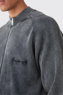 boohooMAN Oversized Acid Wash Ribbed Knitted Bomber | UK| Coats & Jackets