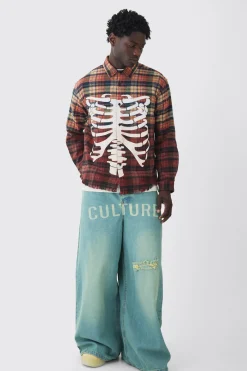 boohooMAN Oversized Acid Wash Ribcage Print Check Shirt | UK| Shirts