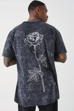 Oversized Acid Wash Rose Stem Print T-shirt | UK^boohooMAN Online