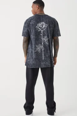 Oversized Acid Wash Rose Stem Print T-shirt | UK^boohooMAN Online