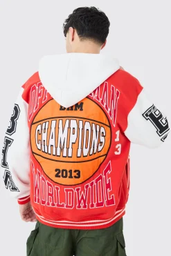 boohooMAN Oversized Applique Basketball Jersey Varsity Jacket | UK| Coats & Jackets