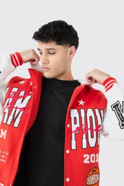 boohooMAN Oversized Applique Basketball Jersey Varsity Jacket | UK| Coats & Jackets
