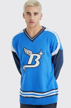 boohooMAN Oversized Applique Football Knit Jumper | UK| Knitwear