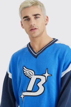 boohooMAN Oversized Applique Football Knit Jumper | UK| Knitwear