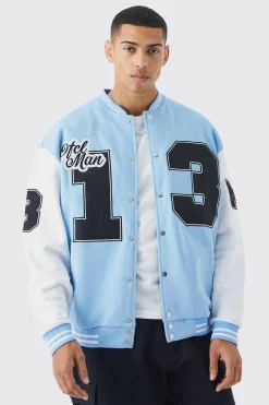 boohooMAN Oversized Badge Jersey Varsity Bomber Jacket | UK| Coats & Jackets