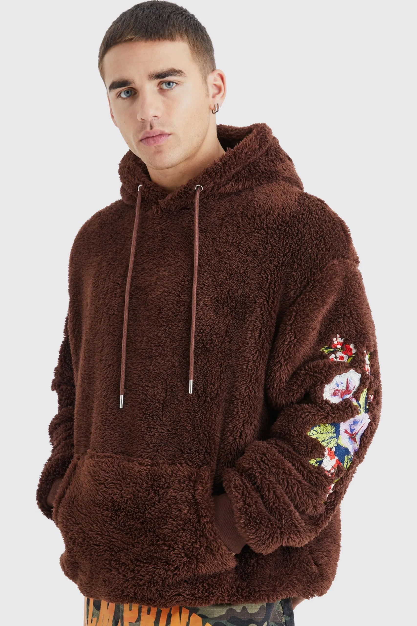 boohooMAN Oversized Borg Hoodie With Floral Embroidery | UK| Hoodies & Sweatshirts