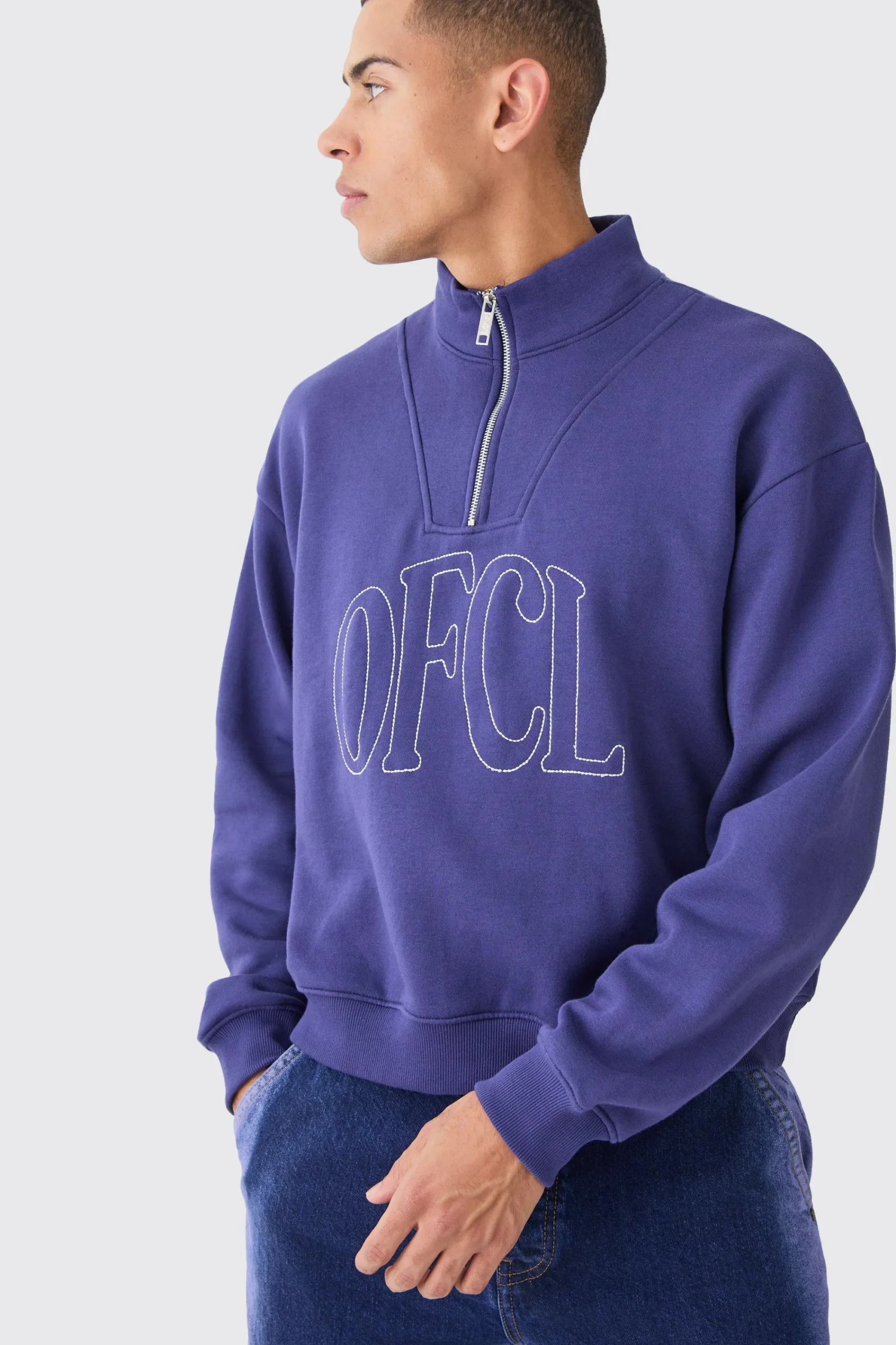 boohooMAN Oversized Boxy 1/4 Zip Chain Stitch Offcl Embroidered Hoodie | UK| Hoodies & Sweatshirts