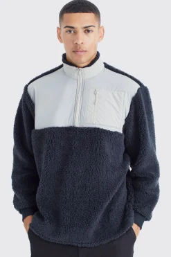 boohooMAN Oversized Boxy 1/4 Zip Nylon Panel Borg Sweatshirt | UK| Hoodies & Sweatshirts