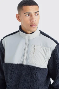 boohooMAN Oversized Boxy 1/4 Zip Nylon Panel Borg Sweatshirt | UK| Hoodies & Sweatshirts