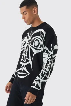 boohooMAN Oversized Boxy Abstract Line Face Knitted Jumper | UK| Knitwear