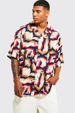 boohooMAN Oversized Boxy Abstract Viscose Revere Shirt | UK| Shirts
