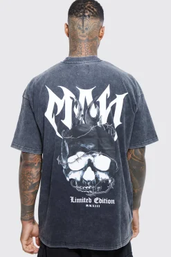 Oversized Boxy Acid Wash Skull T-shirt | UK^boohooMAN Online