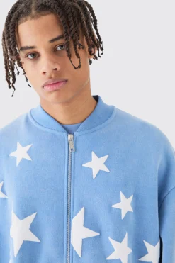 boohooMAN Oversized Boxy Acid Wash Star Applique Jersey Bomber Jacket | UK| Coats & Jackets
