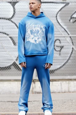boohooMAN Oversized Boxy Acid Wash Graphic Raw Hem Tracksuit | UK| Tracksuits