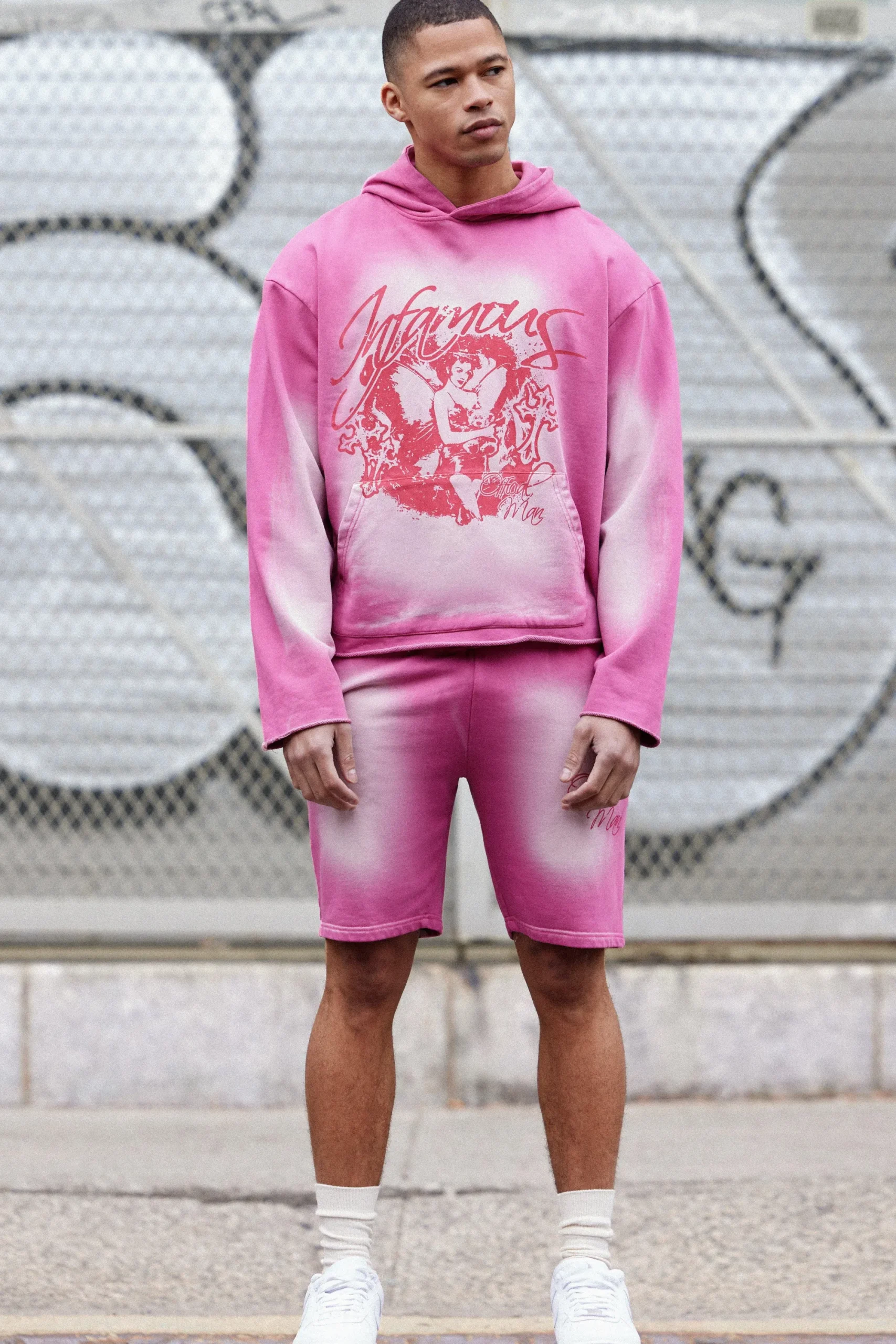 boohooMAN Oversized Boxy Acid Wash Graphic Raw Hem Short Tracksuit | UK| Tracksuits