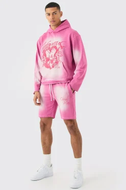 boohooMAN Oversized Boxy Acid Wash Graphic Raw Hem Short Tracksuit | UK| Tracksuits