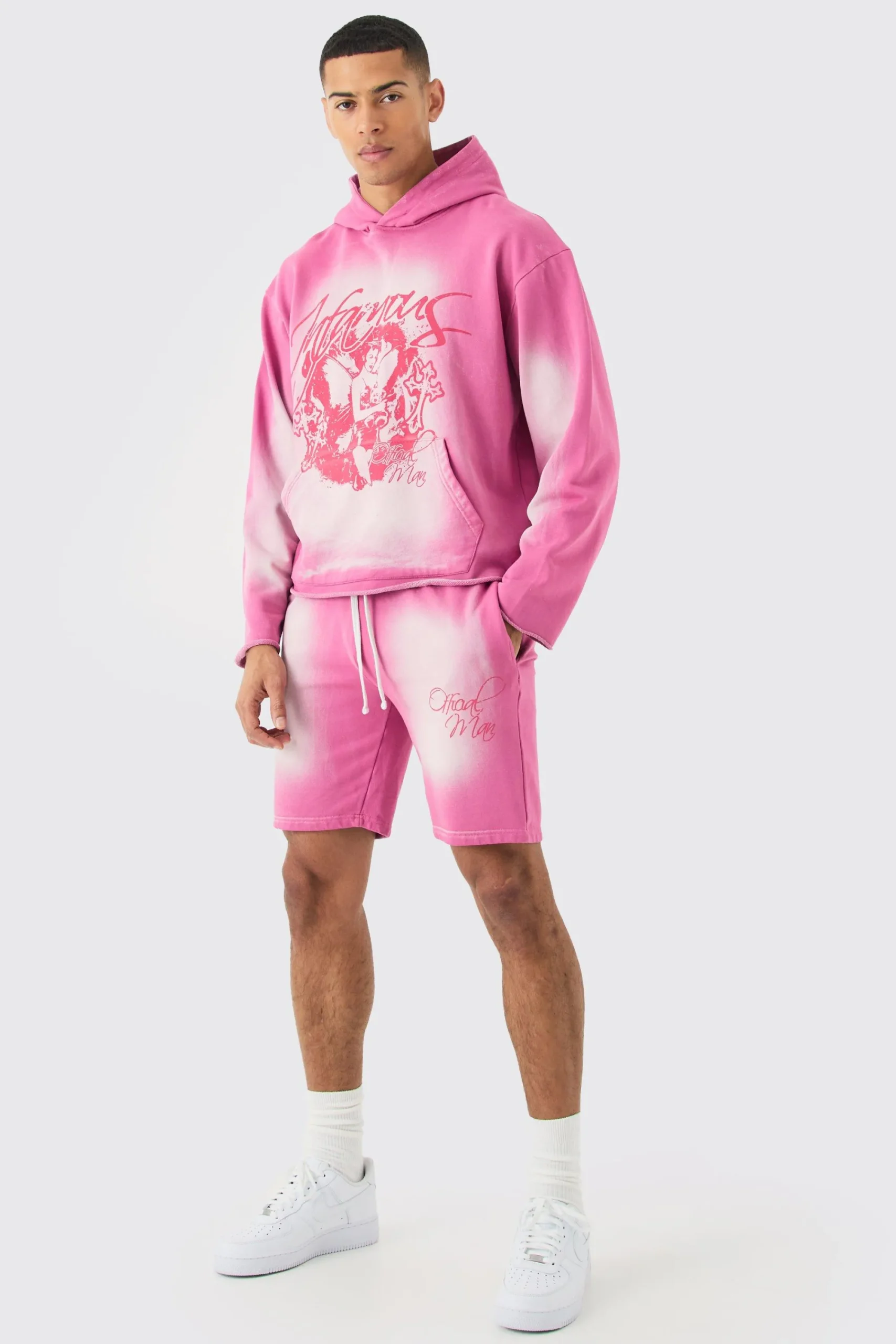 boohooMAN Oversized Boxy Acid Wash Graphic Raw Hem Short Tracksuit | UK| Tracksuits