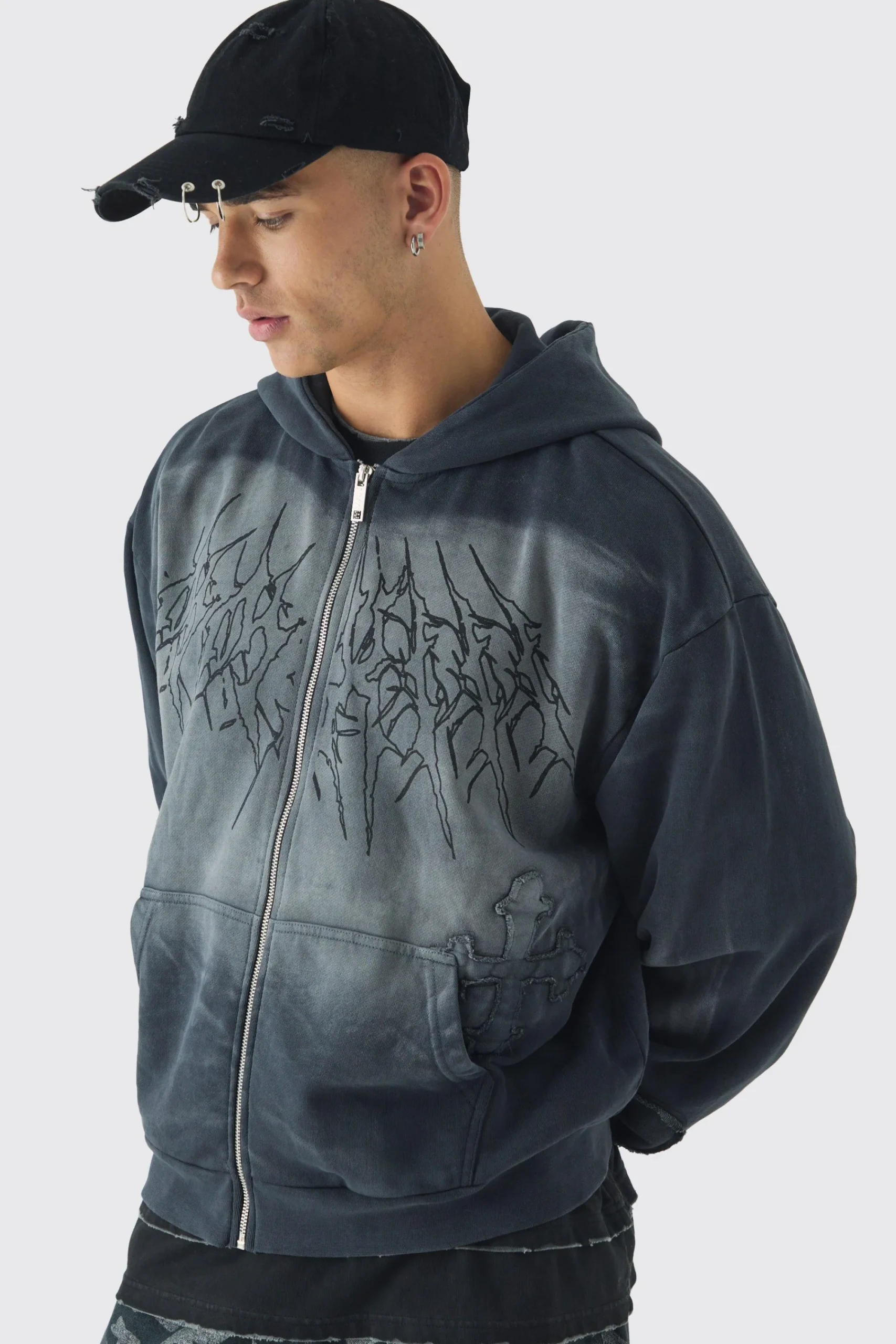 boohooMAN Oversized Boxy Acid Wash Studded Applique Hoodie | UK| Hoodies & Sweatshirts