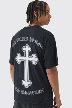 Oversized Boxy Acid Wash Cross Back Print T-Shirt | UK^boohooMAN Outlet
