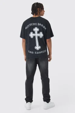Oversized Boxy Acid Wash Cross Back Print T-Shirt | UK^boohooMAN Outlet