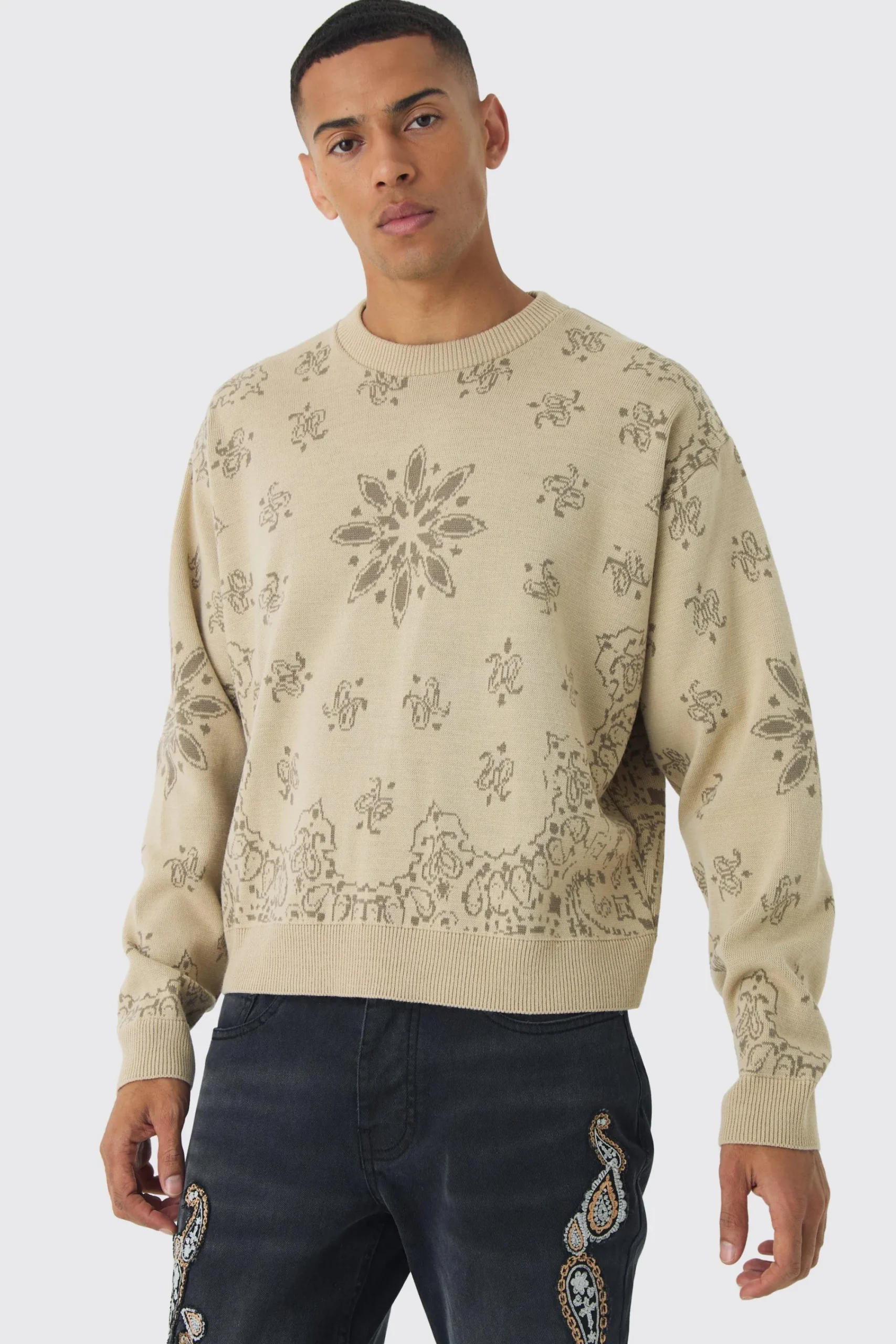 boohooMAN Oversized Boxy Bandana Print Knitted Jumper | UK| Knitwear