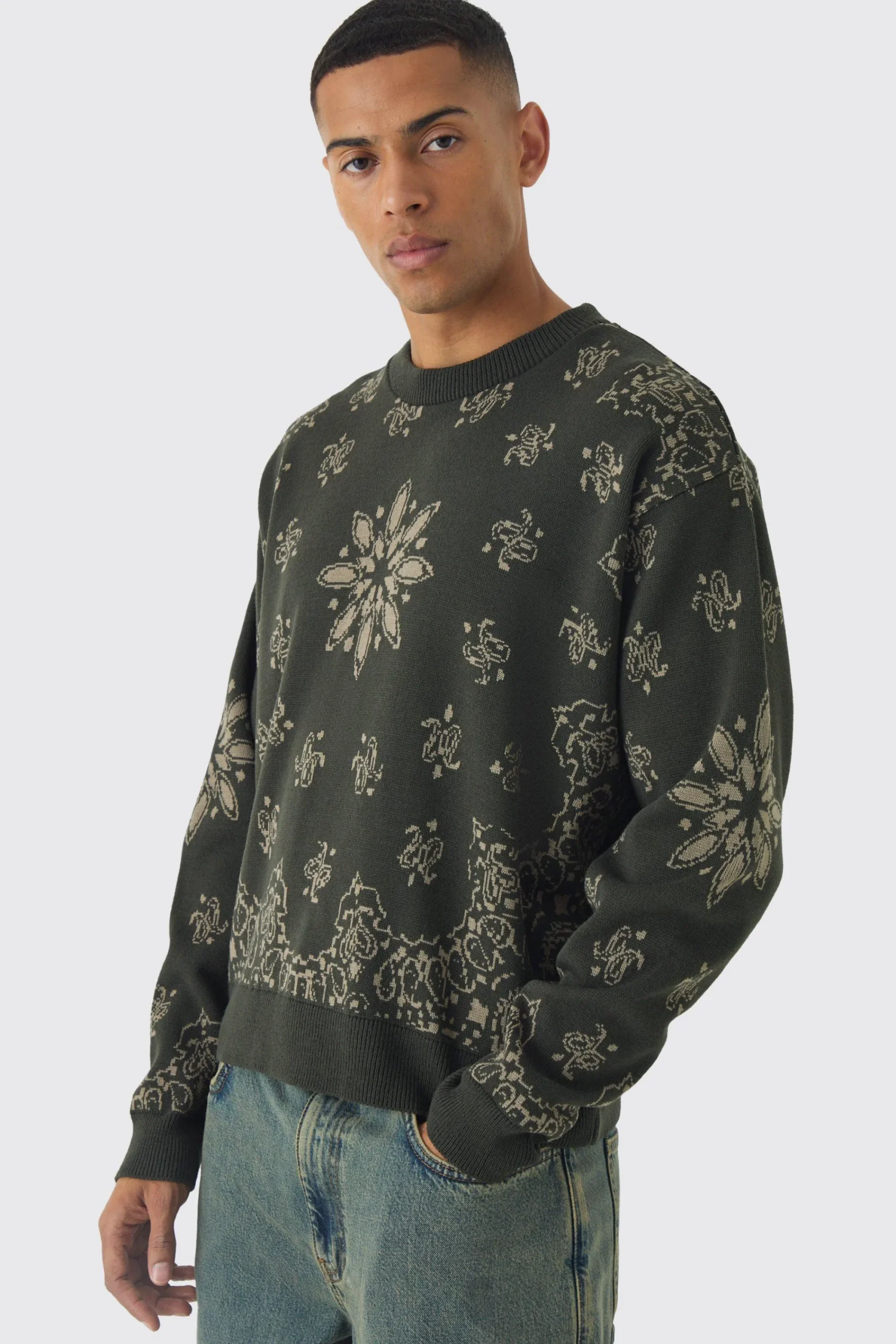 boohooMAN Oversized Boxy Bandana Print Knitted Jumper | UK| Knitwear