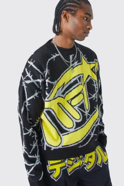 boohooMAN Oversized Boxy Barbwire Print Knitted Jumper | UK| Knitwear
