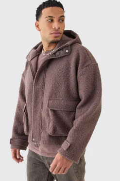 boohooMAN Oversized Boxy Boucle Borg Zip Thru Cargo Hoodie | UK| Hoodies & Sweatshirts