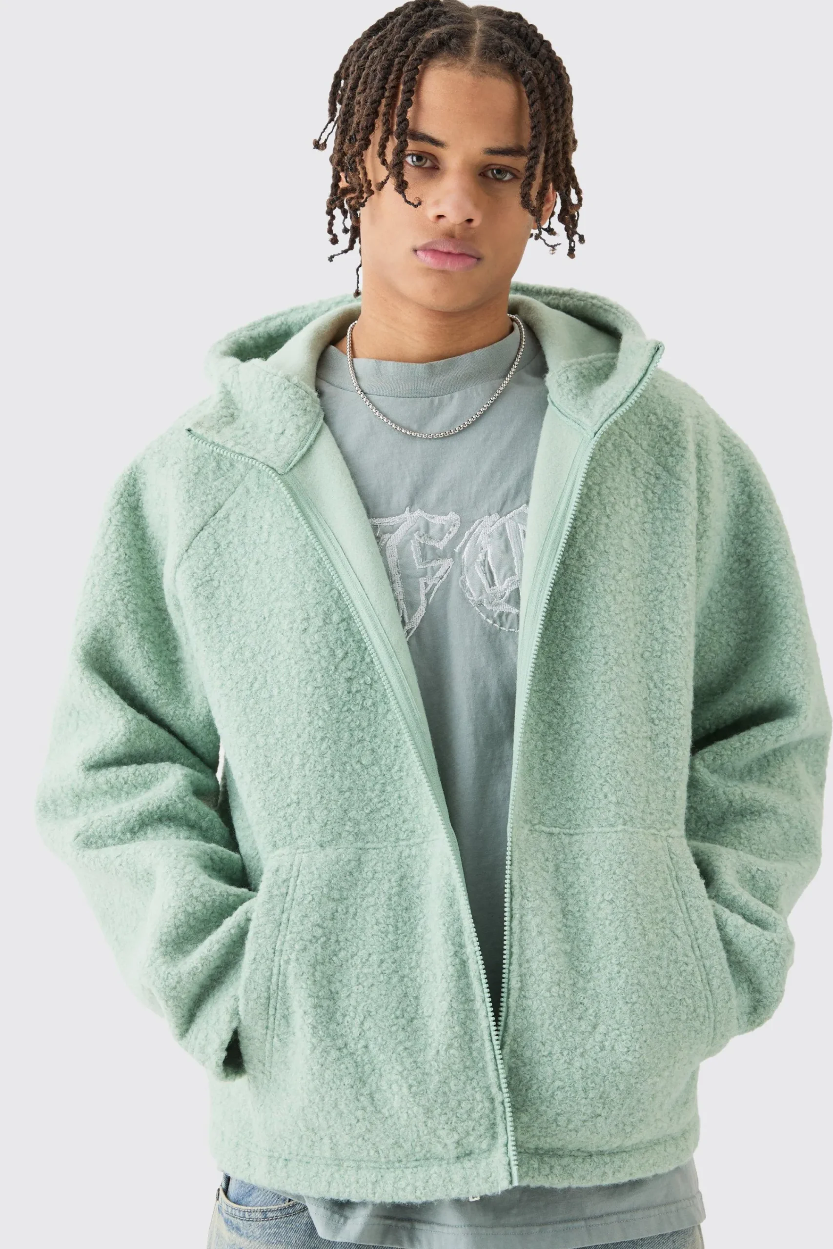 boohooMAN Oversized Boxy Boucle Borg Zip Thru Hoodie | UK| Hoodies & Sweatshirts